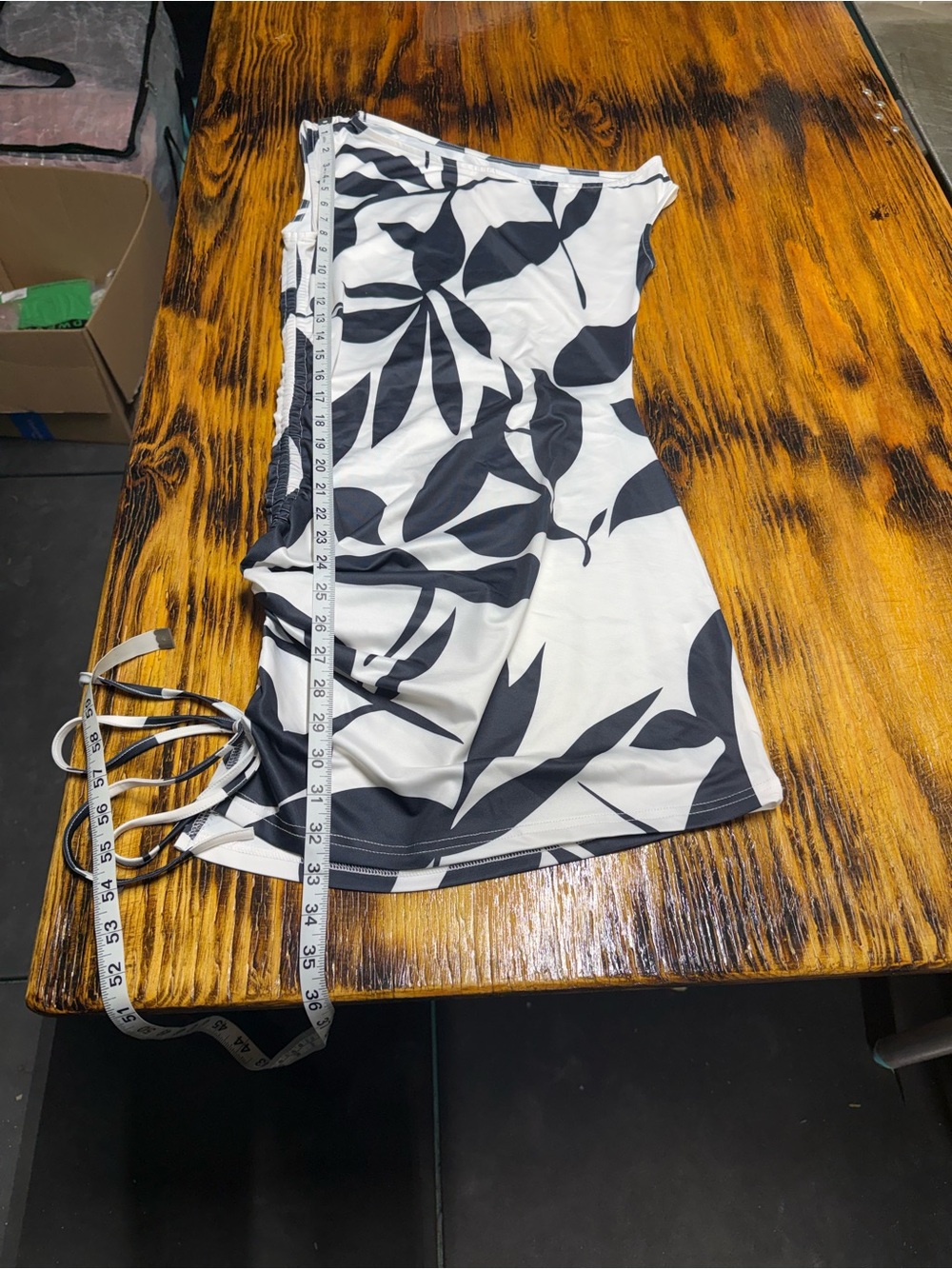One-Shoulder Women's Dress in Black & White Leaf Print